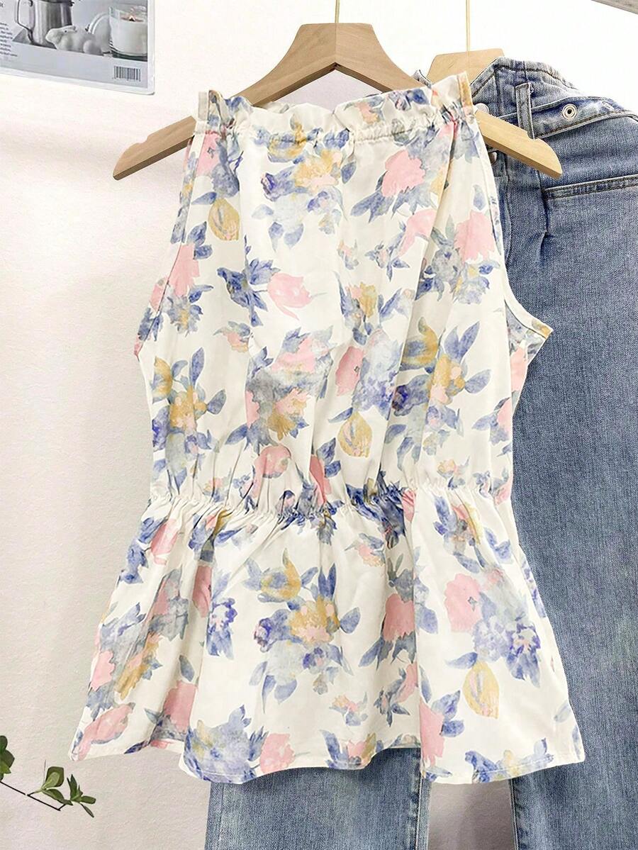 Airaco Blusa sin mangas con estampado floral y volantes, estilo vacacional - Azul menta - Ver 1