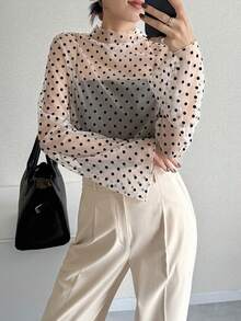 FRIFUL 女士薄纱波点印花喇叭袖衬衫，春夏款 - 粉色 - 查看 5