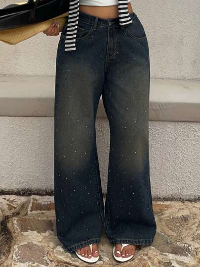 Dazy Plus 复古水洗做旧水钻装饰长款牛仔裤，适合所有季节