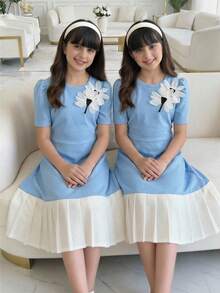 1件少女蝴蝶结褶皱短袖连衣裙，宽松版型，春夏款 - 藍白色 - 查看 4