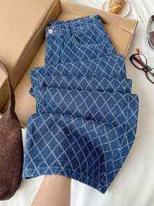 Comfortcana 女士格子口袋阔腿宽松休闲牛仔裤 - 中等水洗藍 - 查看 1