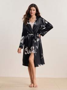 SHEIN 印花缎面腰带睡袍，奢华家居服，舒适优雅细节，秋冬佳选。 - 黑色 - 查看 4