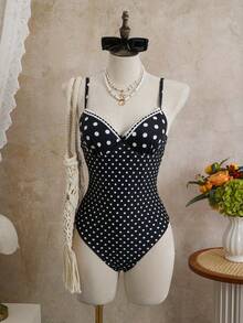 Swim Mod Sleeveless Short Black And White Geometric Polka Dot One-Piece Swimsuit For Women With Cute Contrast Lace - Black and White - View 4