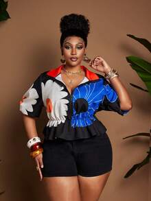Maweii Plus Size Women Short Jacket,Black And White,Summer,Elegant, Colorful Cartoon Print Puff Sleeve Zip-Up Casual Commute Vacation Street Style - Multicolor - View 6