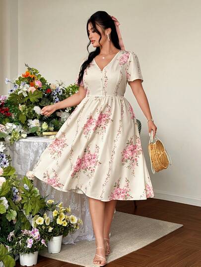 Celure Plus Size Women's Elegant Floral Print V-Neck Ruched Waist A-Line Vacation Dress, Spring/Summer