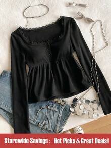 SHEIN 少女休闲可爱荷叶边领泡泡袖T恤，适合女学生日常穿着 - 黑色 - 查看 1