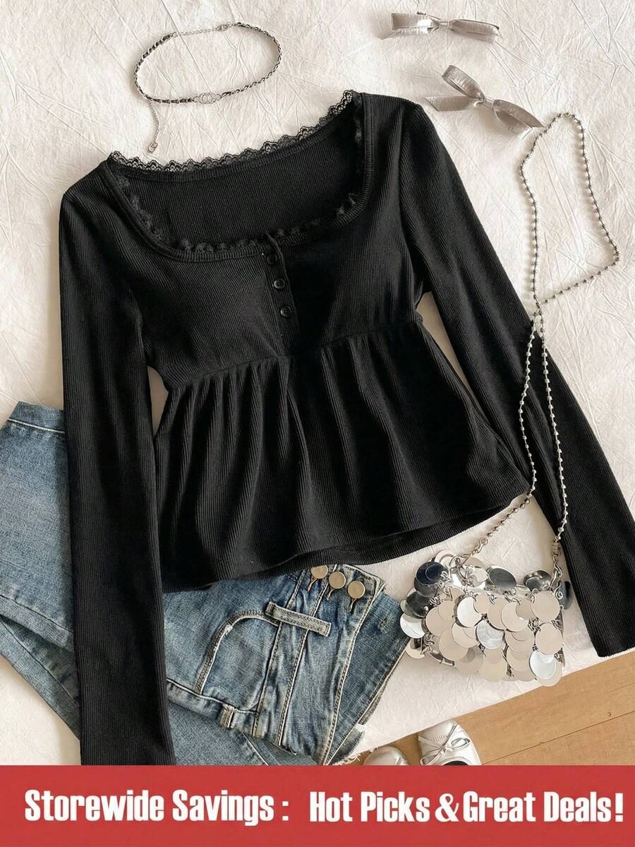 SHEIN 少女休闲可爱荷叶边领泡泡袖T恤，适合女学生日常穿着 - 黑色 - 查看 1