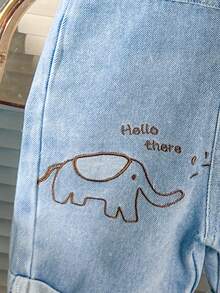 SHEIN Playful Pals Bộ áo thun kẻ sọc và quần yếm denim hình voi hoạt hình dễ thương cho bé trai (Sọc tay áo ngẫu nhiên) - Màu xanh lam - Xem 4