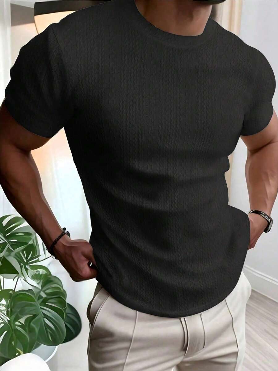 Manfinity Homme 男士纯色圆领短袖休闲百搭T恤 - 黑色 - 查看 1