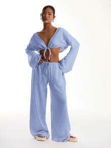 MUSERA Quần dài đi biển thắt nơ phía trước, chất liệu vải lanh, thanh lịch, thích hợp cho kỳ nghỉ hè, tắm nắng, phong cách thường ngày, boho, màu trắng, thích hợp cho sân bay, mùa đông và tiệc tùng. - Màu xanh nhạt - Xem 3