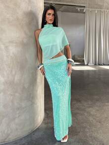 Aloruh 女士浪漫马卡龙蓝亮片迷你裙和薄纱上衣两件套，优雅度假装，适合音乐节、日常约会 - 淺藍色 - 查看 7