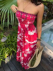 Sunnyshic European And American Fashion Casual Holiday Series Exquisite Elegant Printed Casual Long Waist-Cinched Strapless Slim Summer Dress For Women - Burgundy - View 5
