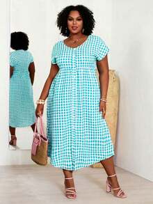 Vestido a cuadros de manga corta y cuello en V para mujer de talla, para vacaciones de verano - verde menta - Ver 6