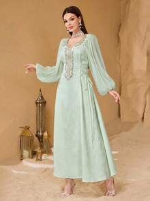 SHEIN Najma Đầm thời trang cổ điển lãng mạn tay phồng họa tiết hoa, thắt eo dành cho nữ - Màu xanh Bạc hà - Xem 4