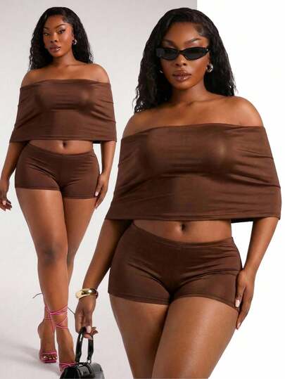 SHEIN SXY Plus Size Women's Solid Color Off-Shoulder Cropped Top And Shorts 2-Piece Set