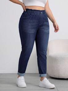 SHEIN Tall CURVE Summer Tall CURVE Plus Size Woman Casual Outfit Elastic Waist Denim Pants For Women Rolled Cuff Loose Jeans Washed High Tapered - Black - View 5