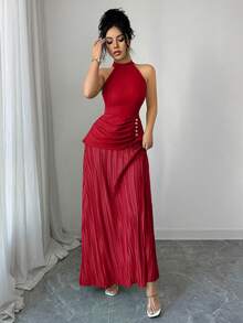 SHEIN Elenzya Vestido largo de mujer de cuello redondo y halter verde, estilo de vacaciones de verano, elegante, sin mangas, con diseño de dobladillo plisado 2 en 1 - Rojo - Ver 3