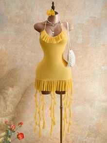 Mistrie Bộ sưu tập thời trang nữ Xuân Hè 2026 mới, cổ áo choker gợi cảm với họa tiết lá uốn lượn, đầm dài, tôn dáng, phong cách Y2K tái hiện, ngọt ngào quyến rũ, chất liệu vải xuyên thấu, đầm trễ vai, trang phục đi nghỉ mát, trang phục lễ hội, dành cho thiếu nữ, thanh niên, chất liệu vải nhẹ, phù hợp cho kỳ nghỉ ở bãi biển Miami, đầm đi biển. - Màu vàng - Xem 7
