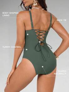 Shapewave Damen einfarbiger geraffter Badeanzug, lässiger Strand- und Poolbekleidung Damen Badeanzug, Damen Badeanzug mit voller Abdeckung und Bauchformung, Damen Badeanzüge mit Figurformung - Grün - Übersicht 2