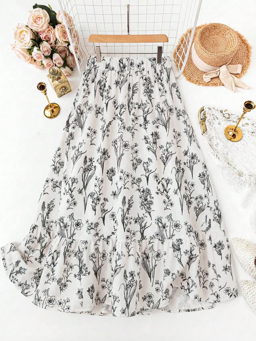 SHEIN LUNE 碎花印花弹力腰荷叶边下摆休闲半身裙波西米亚风半身裙女士夏季穿搭碎花半身裙女裙女装半身裙 - 杏色 - 查看 1