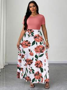 Maweii Robe longue à manches courtes avec taille cintrée, imprimé floral, col rond, pour femmes grandes tailles, printemps/été. Robe décontractée élégante pour les loisirs, les vacances et les déplacements. Robes décontractées pour femmes. - Rose bonbon - Voir 1