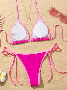 Swim Mod Women's New Solid Color Triangle Cup Bikini Set, Sexy Tie-Up Contrast Color Swimsuit 2 Pieces - Hot Pink - View 2