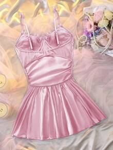 DelicateAllure 褶皱下摆，褶皱蕾丝拼接，褶皱，褶皱，显瘦，开衩，法式，浪漫女士性感睡裙 - 粉色 - 查看 2