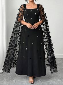 SHEIN CURVE+ Vestido Elegante com Contas 3D em Tela Plus Size - Preto - Visão 5