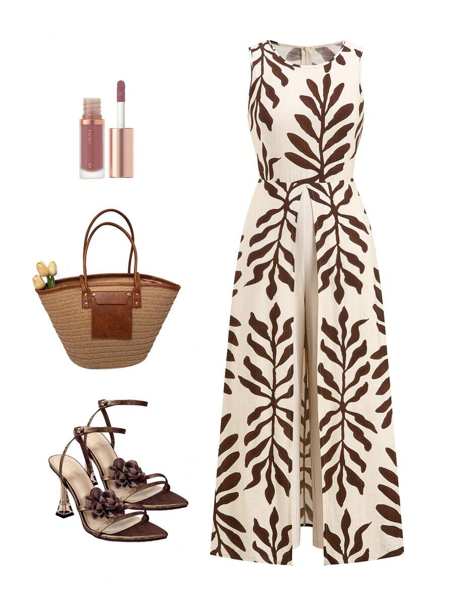 Ellevyn Semester Casual Växttryck Hög Slits Ärmlös Jumpsuit - Aprikos - Visa 1