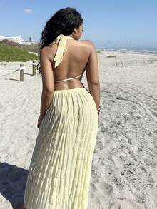 Alexandranx 女士性感优雅交叉垂坠领镂空扎染印花露背垂坠领吊带背心 - 黃色 - 查看 2