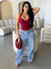 Dayanna Comas Women's Fashion Casual Sexy Solid Color Halter Backless Tank Top - Burgundy - View 6