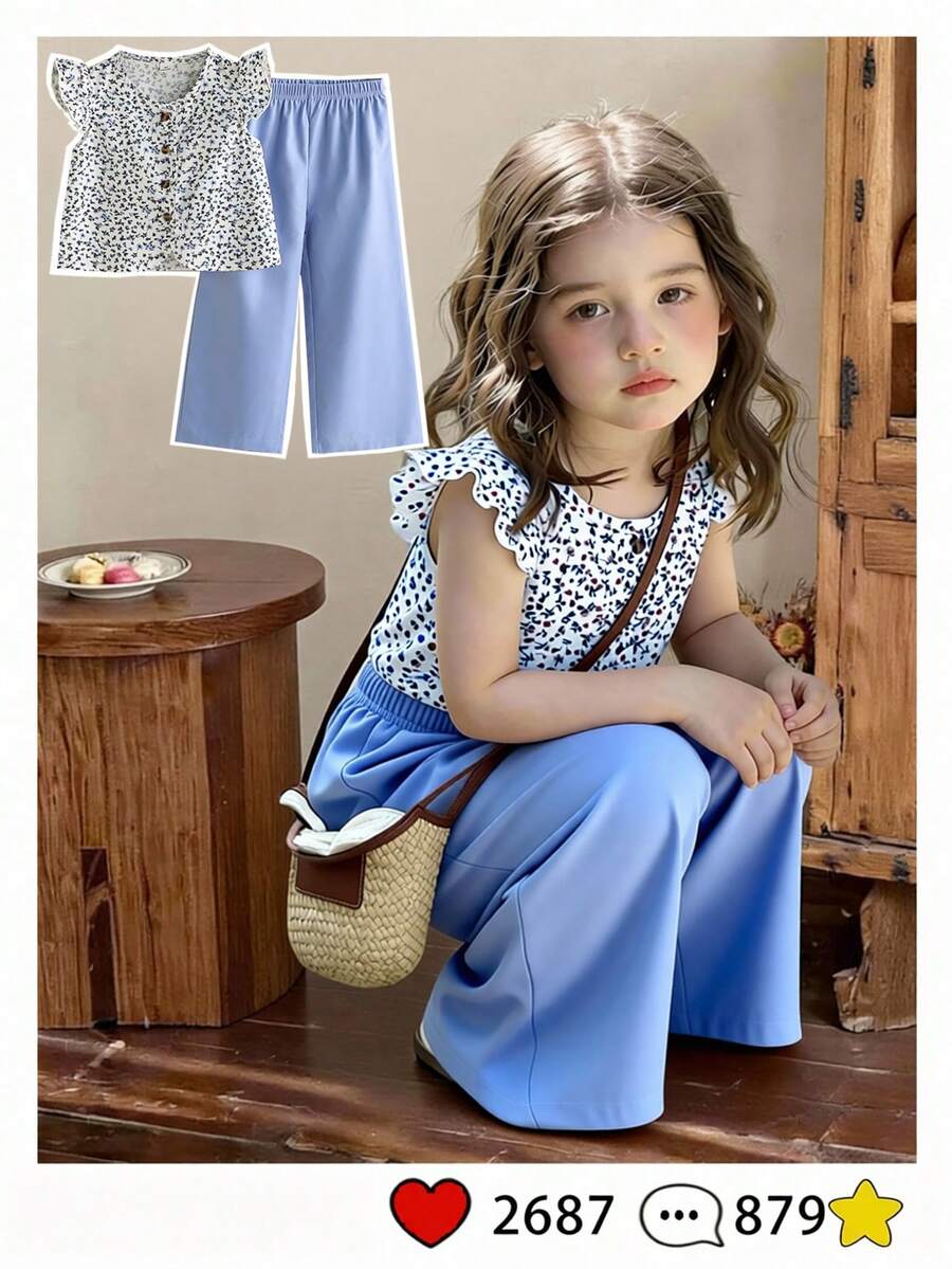 Elladie kids Bộ áo thun ngắn tay cài cúc sau lưng và quần dài thường ngày cho bé gái (nhỏ). - Màu xanh lam - Xem 1