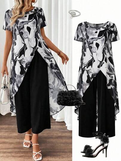 Ellevyn Women's Full Print Asymmetrical Hem Criss-Cross Crop Top And Solid Color Pants 2 Pieces Set Women Two Piece Sets 2pc Sets For Women Plus Size Two Piece Sets Women Vacation Outfit Sets 2 Pcs Women Outfit