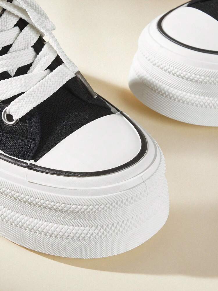 CUCCOO EASI Ladies Lace-Up Round Toe Thick-Soled Flat-Bottomed Casual Sneakers Slippers Comfortable And Simple Black And White Canvas Casual Sneakers Slippers Daily Outdoor Indoor Commuting Leisure