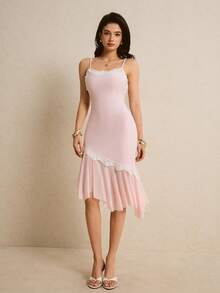 Poéselle French Elegant Pink Lace Trim Camisole Dress,Light Pink Asymmetrical Hem Lace Trim Midi Dress, Spaghetti Strap Sleeveless Elegant Summer Wedding Guest Brunch Party Outfit For Women,French-Style Dress,2026 New Arrival, - Pink - View 7