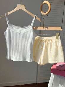 Comfortcana 2pcs/Set Women's Solid Color Contrast Lace Bow Decor Camisole And Striped Shorts Casual Outfit, Suitable For Vacation, Casual, Y2K Style, Spring/Summer, Valentine's Day, Carnival, Beach, Summer Holiday, Summer Casual Wear, Spring/Summer, Spring Break, Yellow Shorts - Yellow - View 3