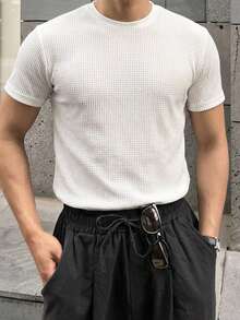 DAZY Men's Solid Color Short Sleeve T-Shirt, Apricot Textured Fabric, Summer - Apricot - View 4