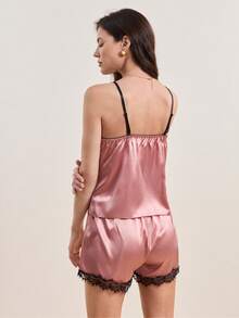 SilkySpell Lace Trim Satin Cami Top & Shorts PJ Set / Pajama Set - Dusty Pink - View 2