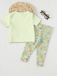 SHEIN Màu xanh bạc hà, xoay tròn đón mùa xuân, nàng công chúa ngọt ngào dễ thương, họa tiết hoa Bohemian, hoa lá, bộ áo thun ngắn tay cổ tròn rộng rãi thoải mái cho bé gái và quần legging, thích hợp cho mặc hàng ngày mùa xuân/hè, kỳ nghỉ, lễ hội, không khí mùa xuân, không khí mùa hè, trang phục mùa xuân & hè cho dã ngoại, dễ chịu, bộ đồ bé gái sành điệu, trang phục thường ngày, công chúa, bộ áo thun in hình hoa, bộ đồ mùa xuân & hè, phong cách mới, thư giãn, không khí mùa xuân, mùa hè thư thái - Nhiều màu - Xem 2