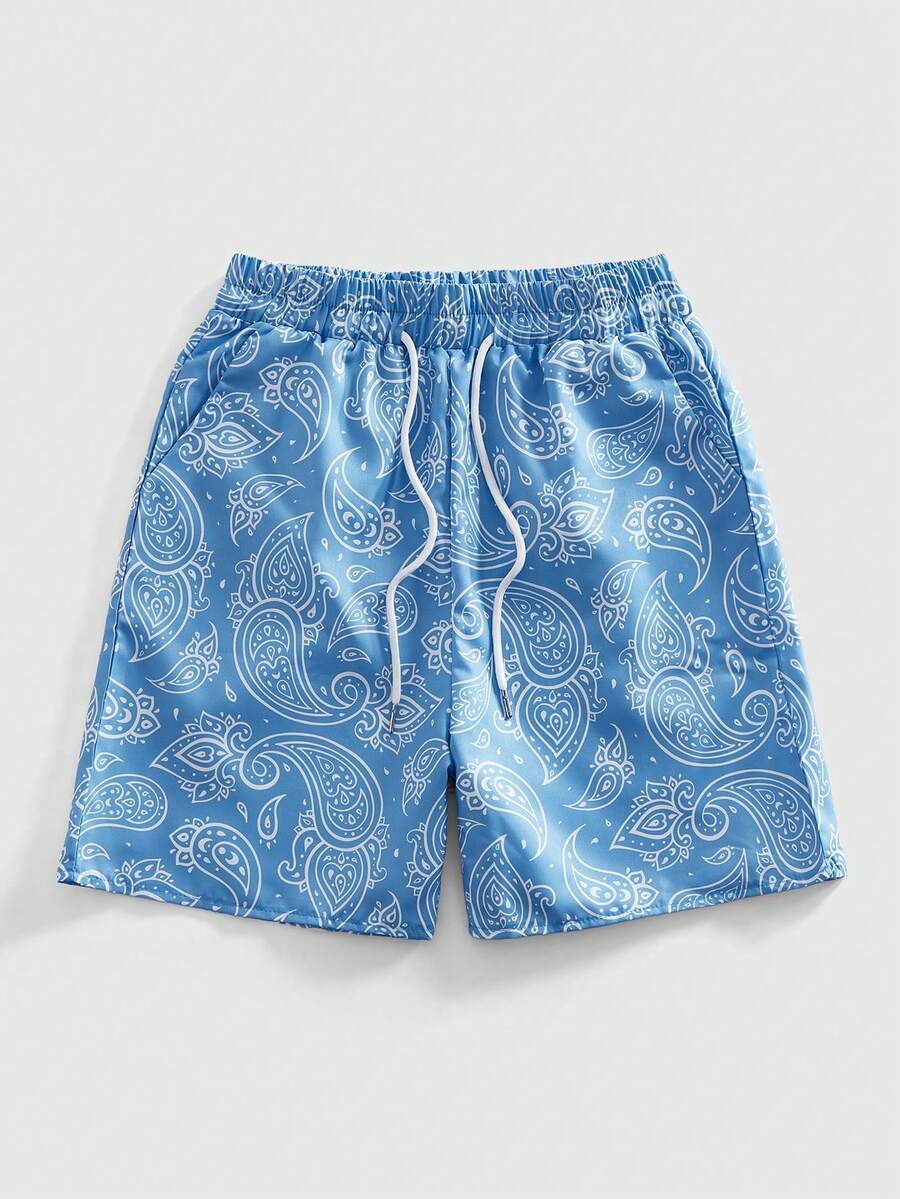 ROMWE MEN Men's Casual Drawstring Waist Cashew Print Shorts - Blue - View 1