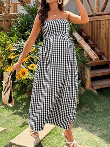 SHEIN Đầm ống kẻ caro dáng rộng cho bà bầu, thích hợp mặc đi nghỉ mát. - màu đen - Xem 7