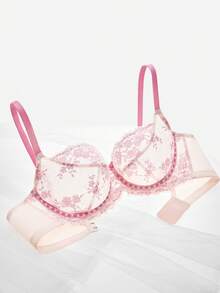 LUVLETTE Plus Full Coverage Breathable Unlined Lace Elegance & Mesh Keyhole Detail Lingerie Curve Pink Sheer Minimizer Bridal Intimates Bra - Pink - View 10