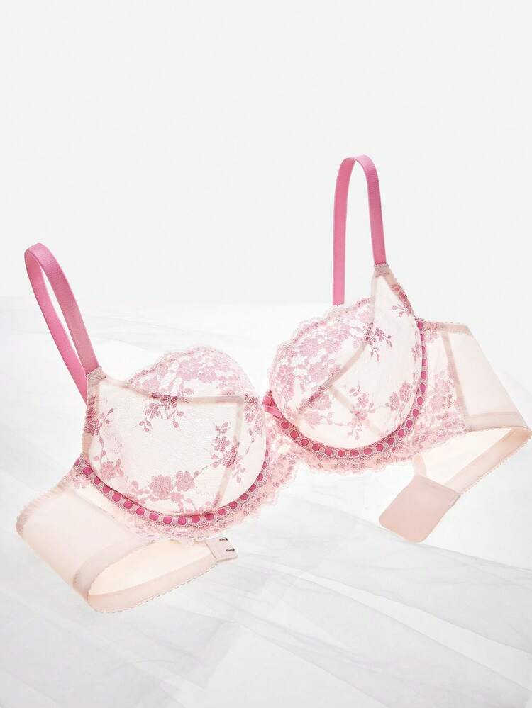 Plus Full Coverage Unlined Mesh & Lace Bra
