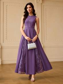 ZEYLAH Women's Round Neck Lace Elegant Waist Cinching Long Party Dress - Purple - View 6