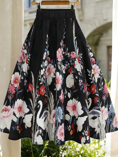 Franclia 复古印花泡泡袖褶皱腰部A字裙，女士春夏款