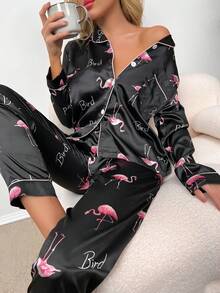 Conjunto de pijama con top de satén y pantalones con estampado de flamenco y letras, con detalles acogedores y elegantes para otoño e invierno - Negro - Ver 5