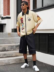 GALLERY FADE 男士字母印花短袖拉链休闲衬衫 - 卡其色 - 查看 6