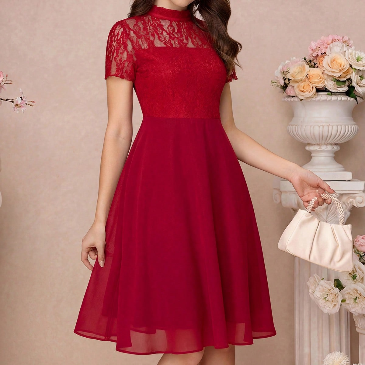 Vestido midi de gasa transparente con dobladillo de encaje negro para adolescentes, adecuado para vacaciones, fiestas, eventos elegantes, bodas, regre