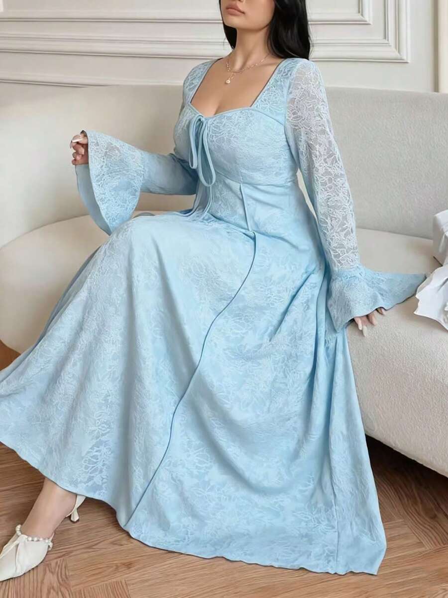 Vibekara Vestido de línea A con cuello cuadrado y cintura ceñida para tallas grandes - Celeste - Ver 1