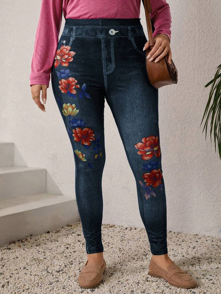 Plus Size Women's Fall/Early Spring Casual Fashion Vacation Floral Print High Stretch Faux Denim Print Leggings, Going Outs,2026 New ,Simple And Fashionable For Everyday Wear, Floral Legging, Vacations Women ,Holidays For Women, Spring/Summer